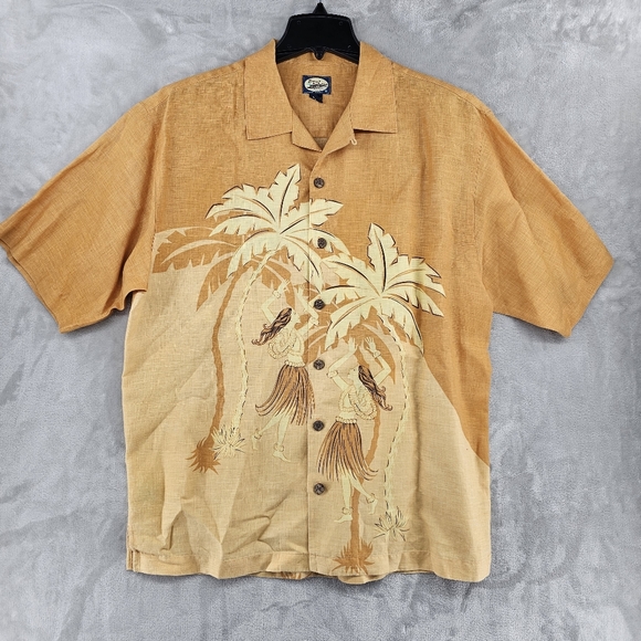 Vintage Tommy Bahama Shirt Mens Medium Orange Linen Hawaiian Button Up Hula Girl - Picture 1 of 7